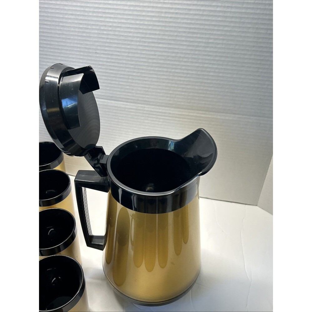 Vintage West Bend Thermo Serv Coffee Carafe Set with 10 Mugs Gold Black 1970’s - Picture 8 of 11